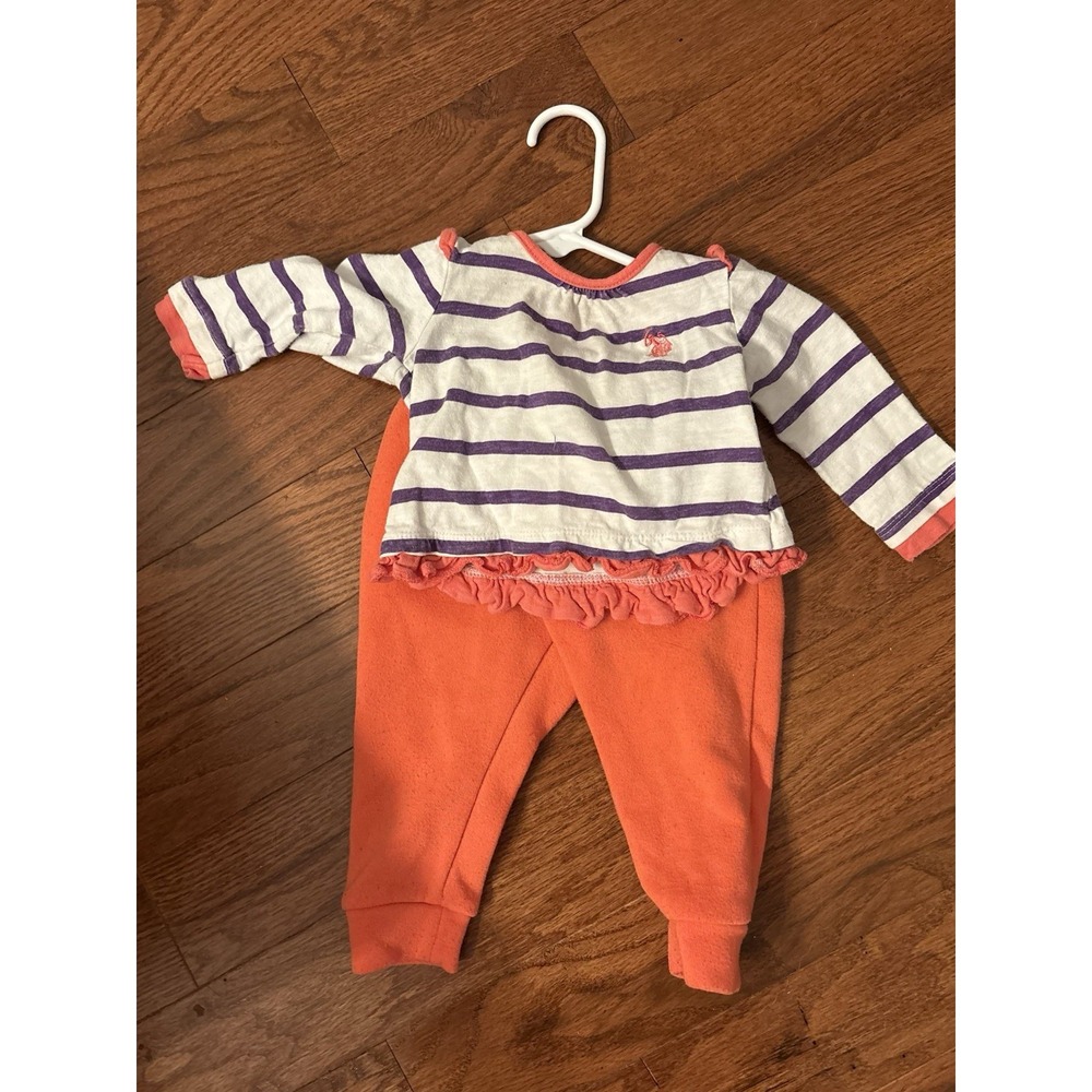 US Polo Assn Baby Girls Outfit Two Piece Ruffle Bottom  Long Sleeve Shirt 6/9 M‎